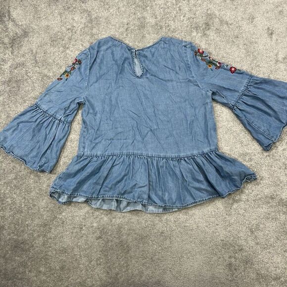 BeachLunchLounge Embroidered Peplum Chambray Blouse  Flare Bell Sleeve Small - Picture 13 of 15